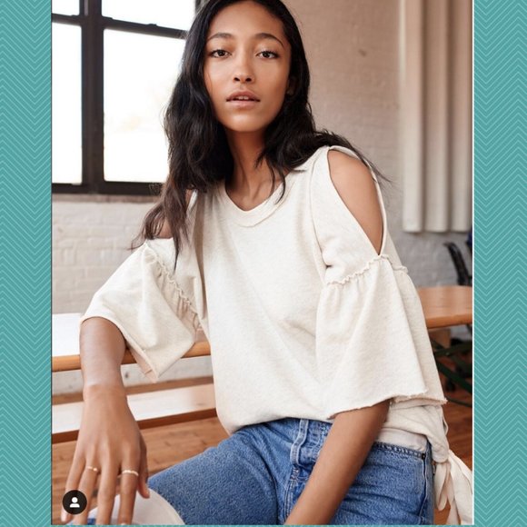 Kinly Ivory Cold Shoulder Peplum Sleeve Sweatshirt - Picture 1 of 5